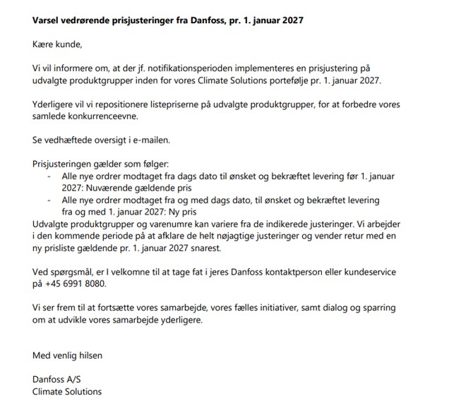 Danfoss prisvarsling 2027